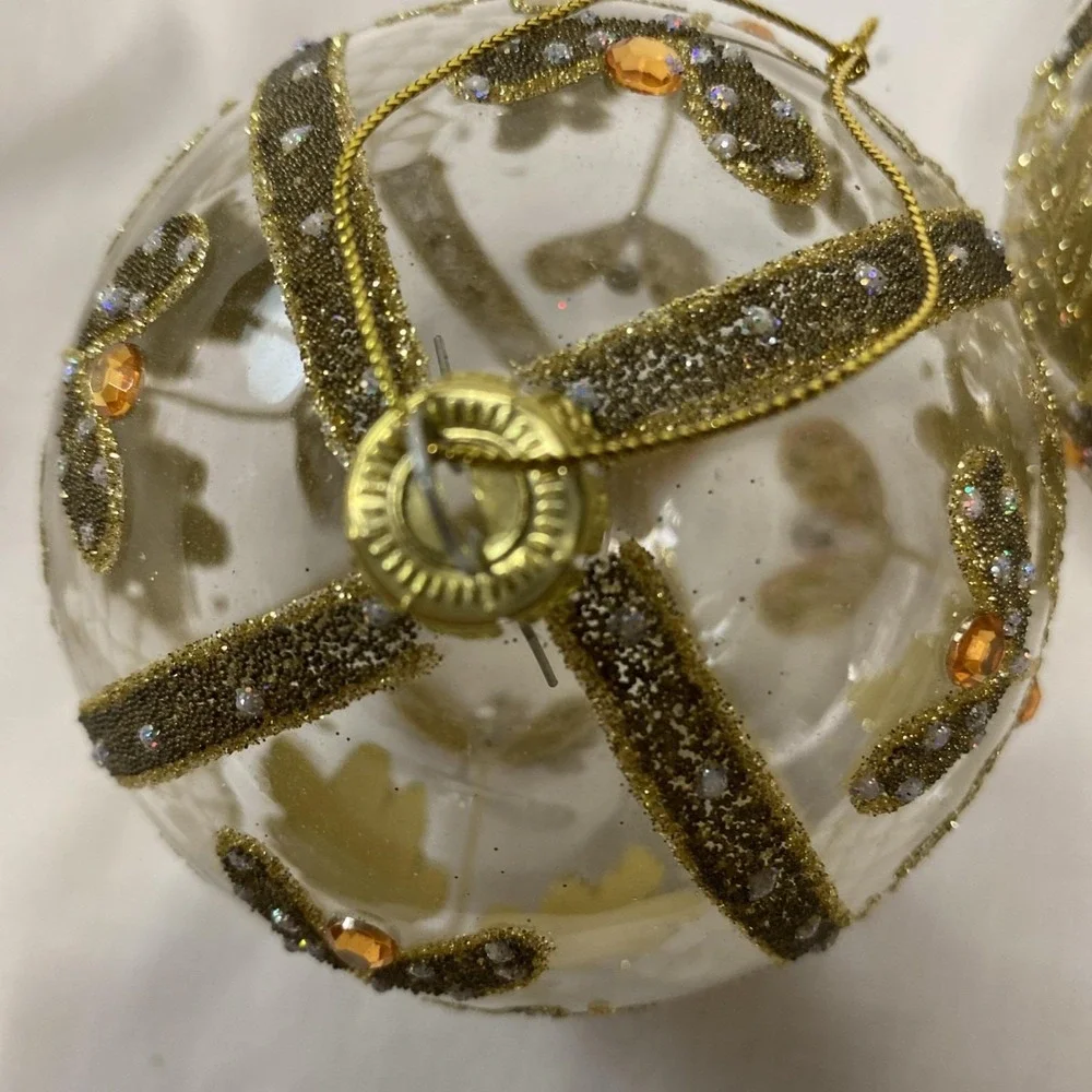 Set Of 4 Pottery Barn Glass Gold Clear Christmas Ornaments